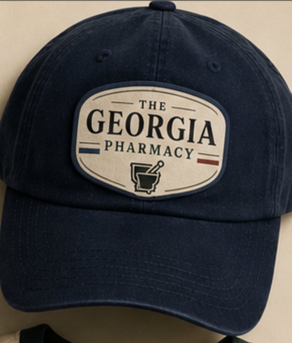 Navy cap with a cream Georgia Pharmacy patch